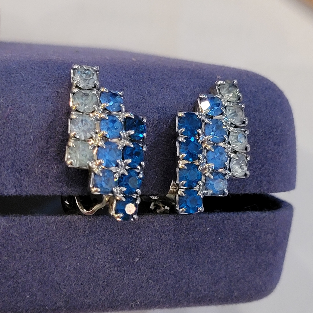 Vintage Blue Rhinestone Clip-On Earrings ~ MCM-1960's ~ Pretty & Sparkly!